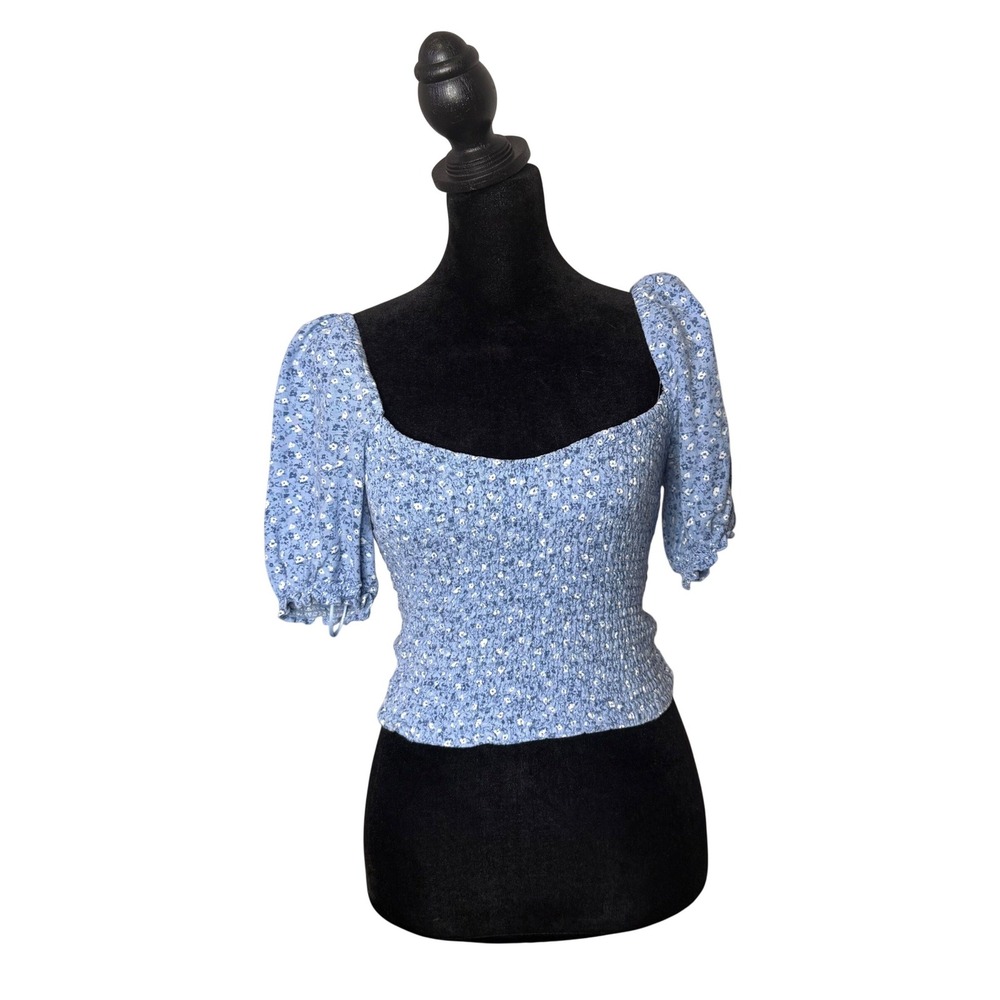 Abercrombie‎ & Fitch Blue Ditsy Floral Print Smocked Puff Sleeve Crop Top XS